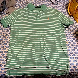 Men’s Green and White Striped Collard Polo Short Sleeve Shirt SIZE LARGE